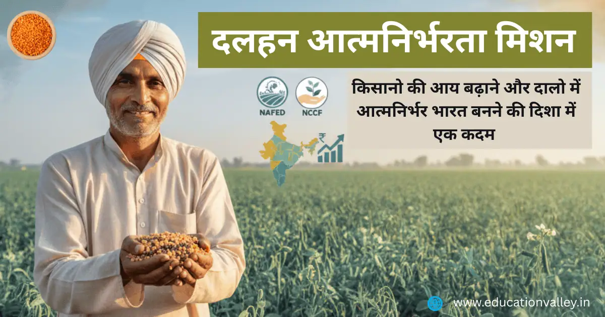 भारतीय किसान दलहन (अरहर, उड़द, मसूर) के खेत में खड़ा है, हाथों में दालें लिए हुए, “Dalhan Atmanirbharta Mission” के प्रतीकात्मक संदेश के साथ – आत्मनिर्भर भारत की दिशा में कदम।